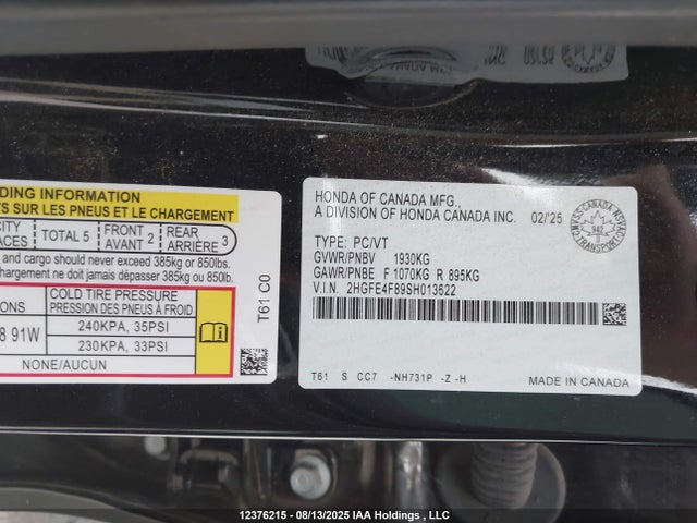 2HGFE4F89SH013622 Honda lfc3