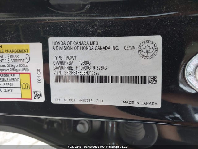 2HGFE4F89SH013622 Honda lfc3