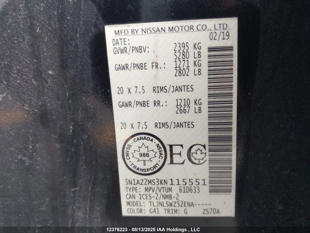 Nissan Murano 2019 5N1AZ2MS3KN115551 Image 19