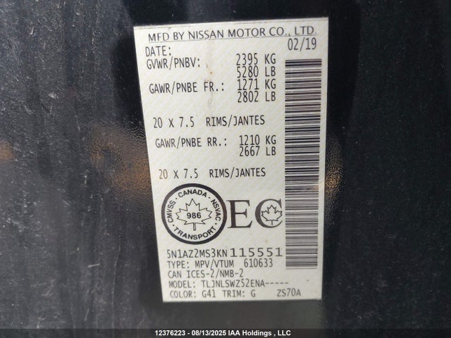 Nissan Murano 2019 5N1AZ2MS3KN115551 Image 9