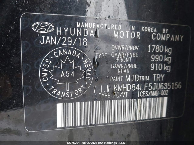 KMHD84LF5JU635156 Hyundai mpi nu