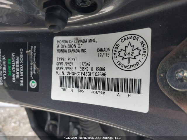 Honda l15b7 2016 2HGFC1F45GH103696 Image 9