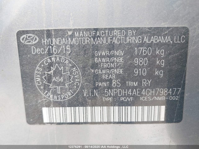 Hyundai dohc mpi nu 2016 5NPDH4AE4GH798477 Image 9