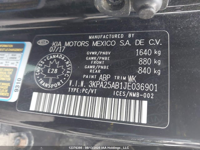 3KPA25AB1JE036901 KIA gdi gamma