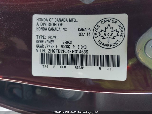 Honda r18z1 2014 2HGFB2F54EH014636 Image 9