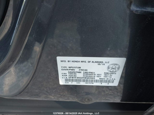 Honda j35z4 2015 5FNYF4H32FB503983 Image 9
