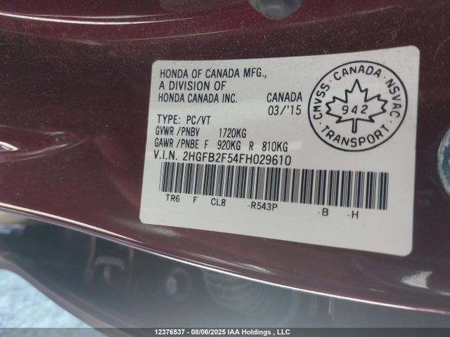 Honda r18z1 2015 2HGFB2F54FH029610 Image 9