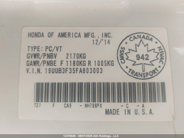 Acura j35y6 2015 19UUB3F35FA803003 Image 9