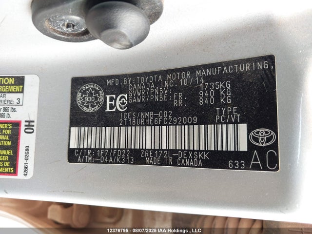 Toyota 2zr-fe 2015 2T1BURHE6FC292009 Image 9