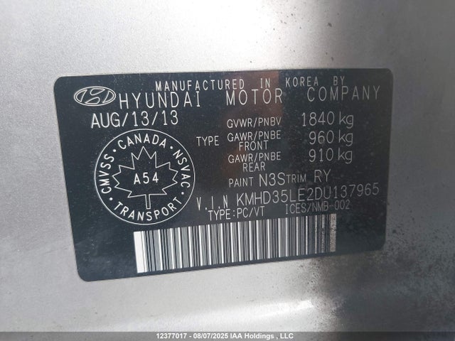 2013 Hyundai Elantra Gt მანქანა იყიდება აუქციონზე, vin: KMHD35LE2DU137965, აუქციონის ნომერი: 12377017