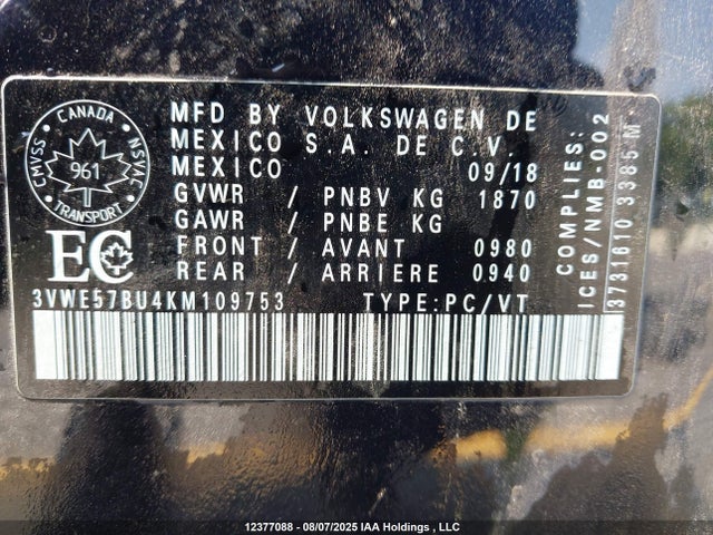 3VWE57BU4KM109753 Volkswagen 1.8 tsi