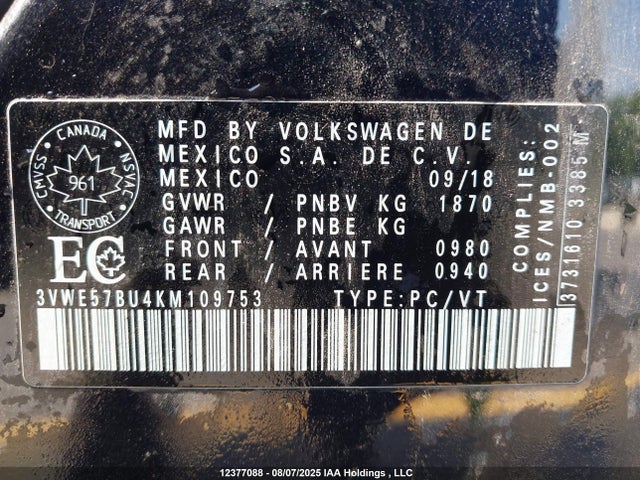 3VWE57BU4KM109753 Volkswagen 1.8 tsi