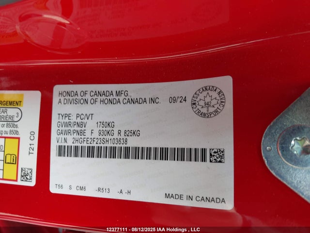 Honda k20c9 2025 2HGFE2F23SH103638 Image 9