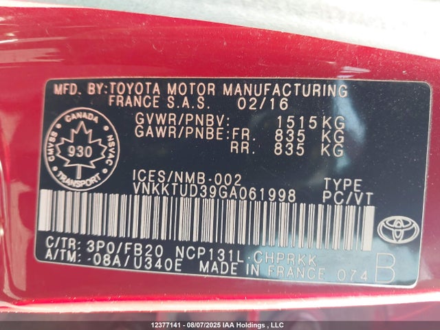 VNKKTUD39GA061998 Toyota 1nz-fe