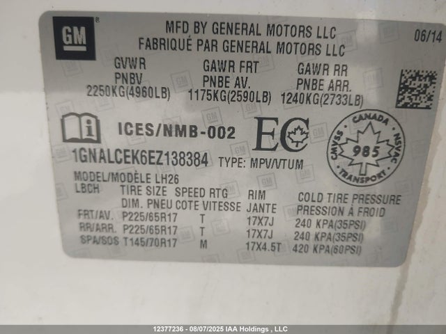 1GNALCEK6EZ138384 Chevrolet lea - flex fuel (gas/alc), aluminum, high output