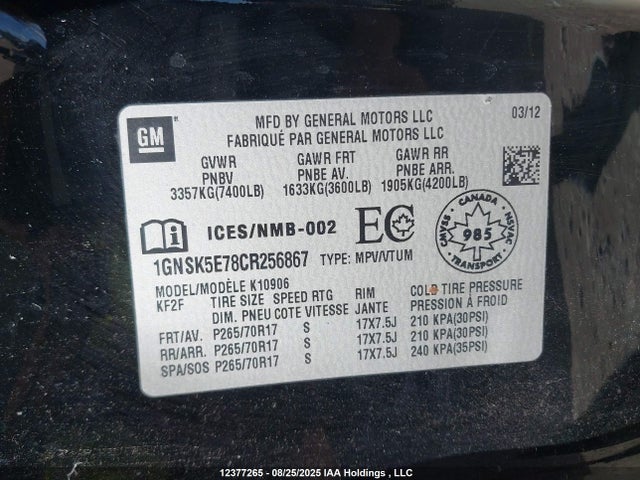 12377265 :رقم المزاد ، 1GNSK5E78CR256867 vin ، 2012 Chevrolet Suburban 1500 Commercial مزاد بيع