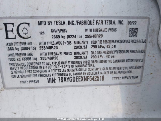 7SAYGDEEXNF542518 Tesla Model Y