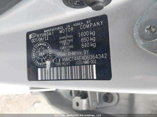 12377428 :رقم المزاد ، KMHCT4AE4DU364342 vin ، 2013 Hyundai Accent Gls/gs مزاد بيع