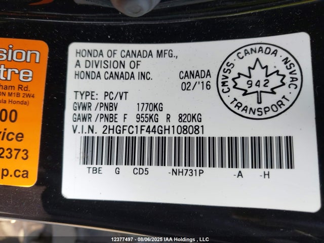 2HGFC1F44GH108081 Honda l15b7
