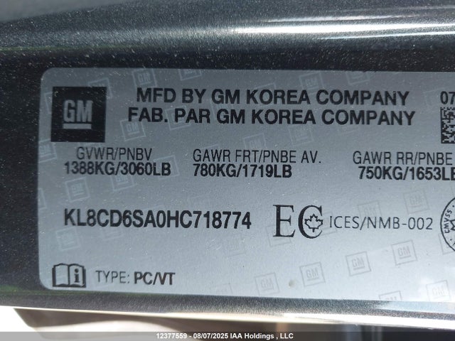 Chevrolet lv7 - mfi, variable valve timing, alum, gen 1 var 1 2017 KL8CD6SA0HC718774 Image 9