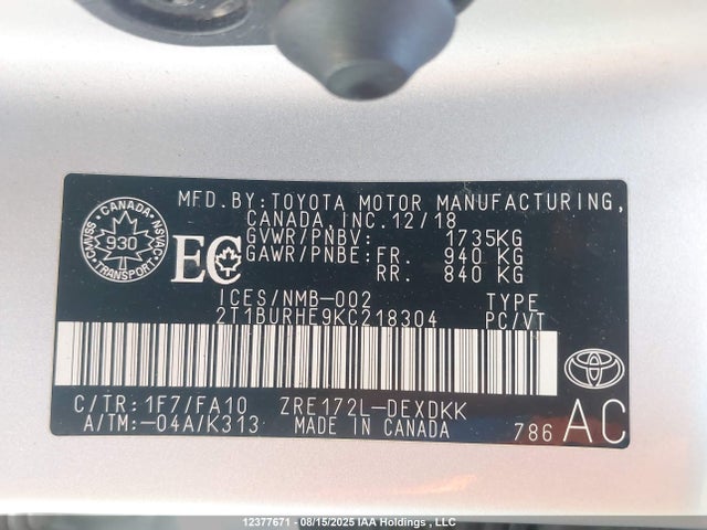 2019 Toyota Corolla L/le/xle/se/xse მანქანა იყიდება აუქციონზე, vin: 2T1BURHE9KC218304, აუქციონის ნომერი: 12377671