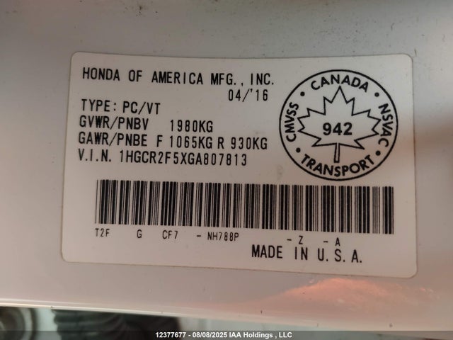 1HGCR2F5XGA807813 Honda k24w1
