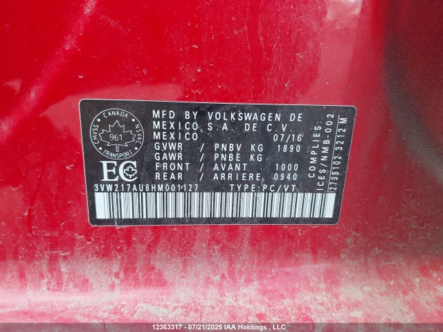 3VW217AU8HM001127 Volkswagen 1.8 tsi