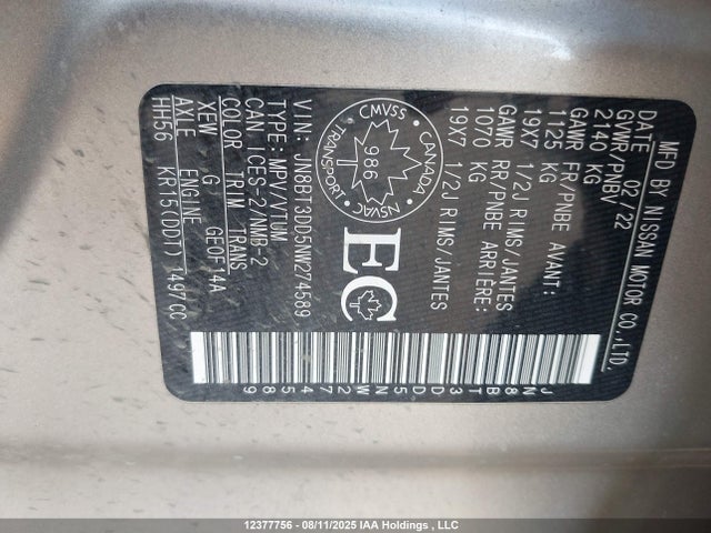 12377756 :رقم المزاد ، JN8BT3DD5NW274589 vin ، 2022 Nissan Rogue Platinum مزاد بيع