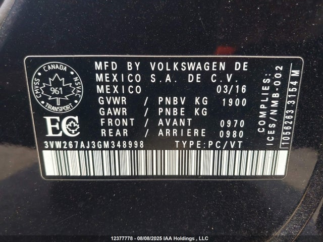 3VW267AJ3GM348998 Volkswagen 1.4t