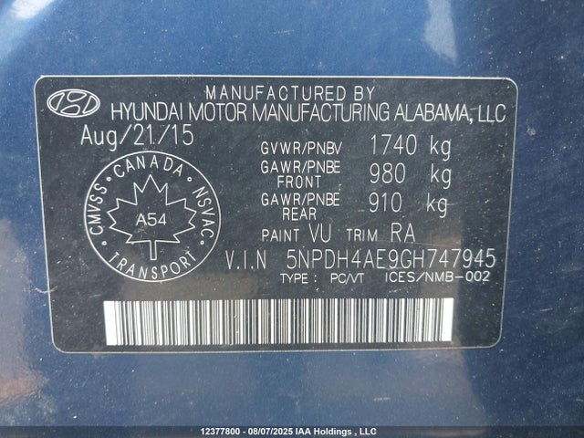 Hyundai dohc mpi nu 2016 5NPDH4AE9GH747945 Image 9