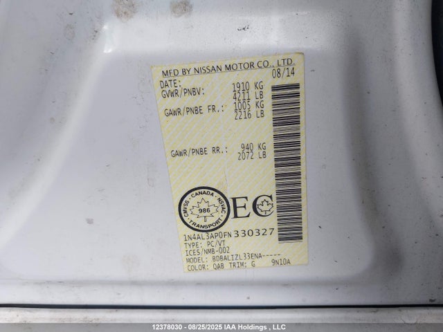 Aukcja sprzedaży 2015 Nissan Altima 2.5/s/sv/sl, vin: 1N4AL3AP0FN330327, numer aukcji: 12378030