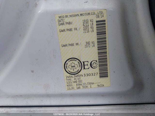 Aukcja sprzedaży 2015 Nissan Altima 2.5/s/sv/sl, vin: 1N4AL3AP0FN330327, numer aukcji: 12378030