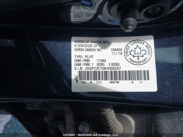 12378057 :رقم المزاد ، 2HGFC2F70KH006267 vin ، 2019 Honda Civic Ex مزاد بيع