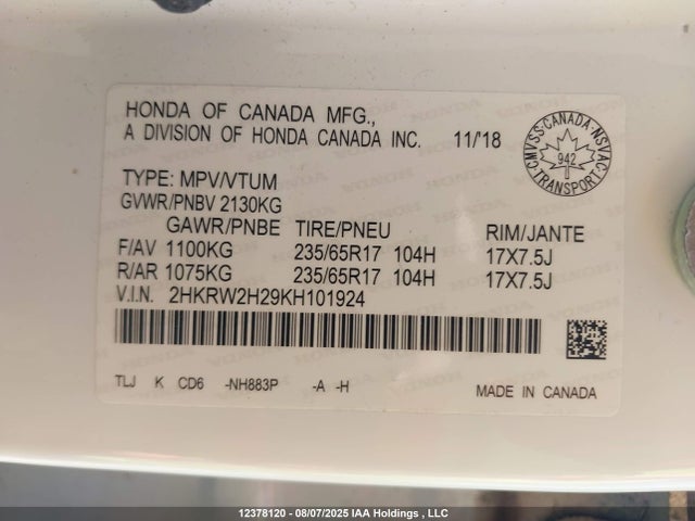 2HKRW2H29KH101924 Honda k24w9/k24v9