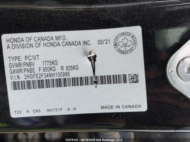 2HGFE2F34NH100986 Honda Civic