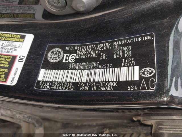 Auction sale of the 2015 Toyota Corolla Le, vin: 2T1BURHE7FC262937, lot number: 12378148