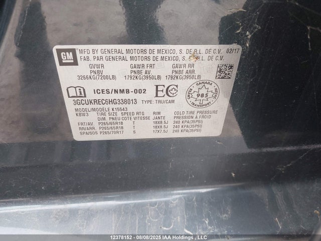 3GCUKREC6HG338013 Chevrolet l83 - sidi: spark ignited direct injection, vvt: variable valve timing, afm, e85 max, alum