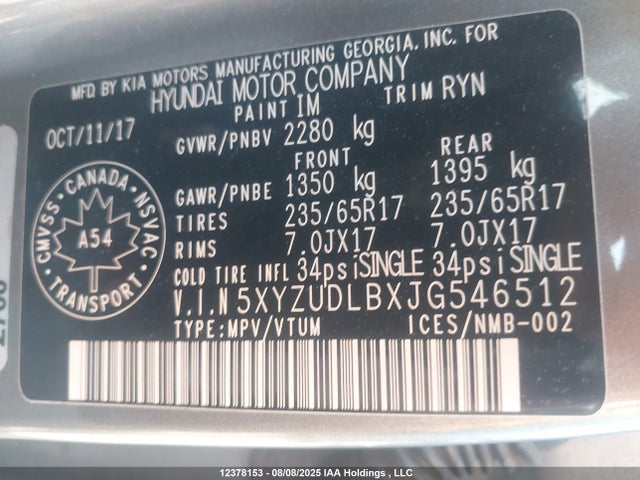 5XYZUDLBXJG546512 Hyundai gdi theta ii