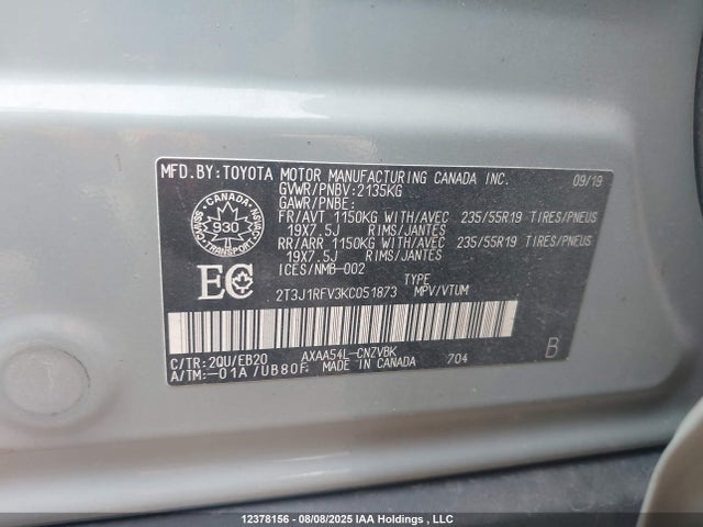 2T3J1RFV3KC051873 Toyota a25a-fks