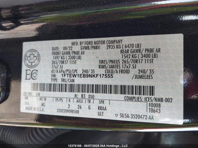 Ford tivct 2022 1FTEW1EB9NKF17555 Image 9