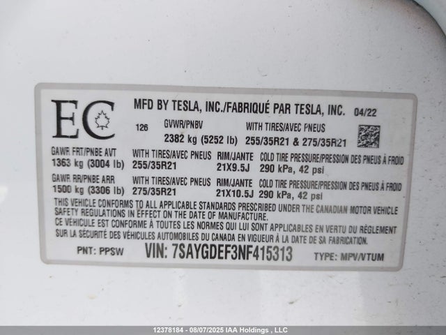7SAYGDEF3NF415313 Tesla Model Y