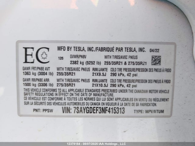 7SAYGDEF3NF415313 Tesla Model Y