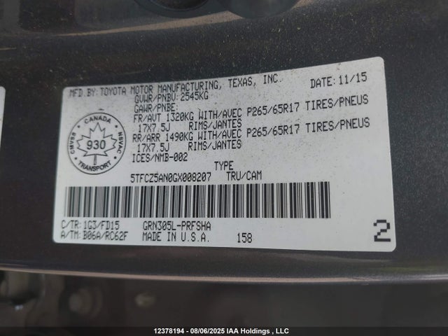 5TFCZ5AN0GX008207 Toyota 2gr-fks