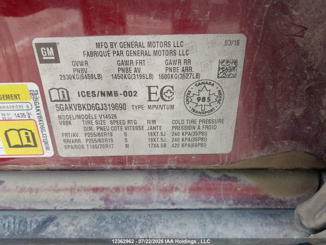 Buick llt - sidi, alum, 60 degrees 2016 5GAKVBKD6GJ319690 Image 9
