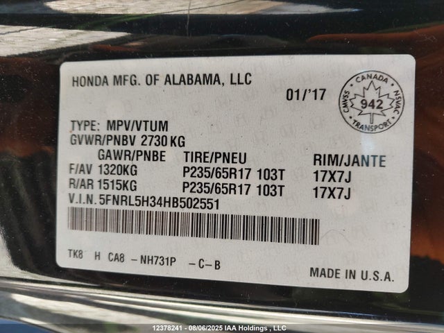 5FNRL5H34HB502551 Honda j35z8