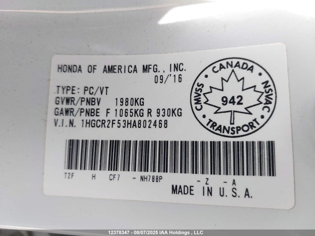 Honda k24w1 2017 1HGCR2F53HA802468 Image 9