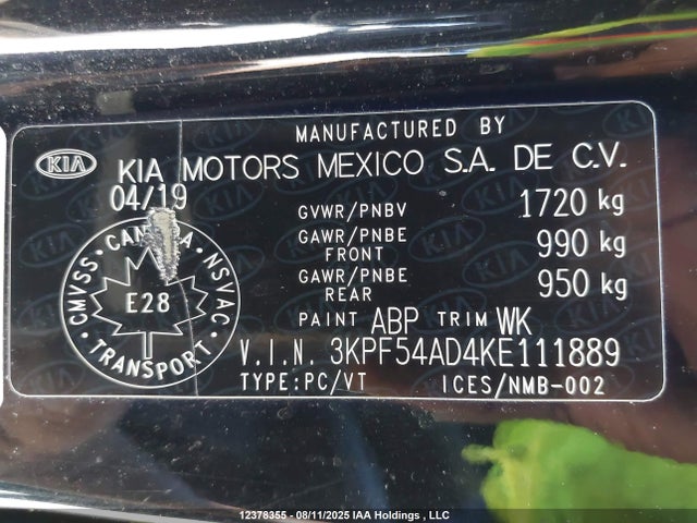 12378355 :رقم المزاد ، 3KPF54AD4KE111889 vin ، 2019 Kia Forte Ex مزاد بيع