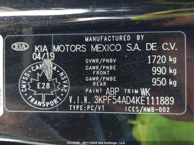 12378355 :رقم المزاد ، 3KPF54AD4KE111889 vin ، 2019 Kia Forte Ex مزاد بيع