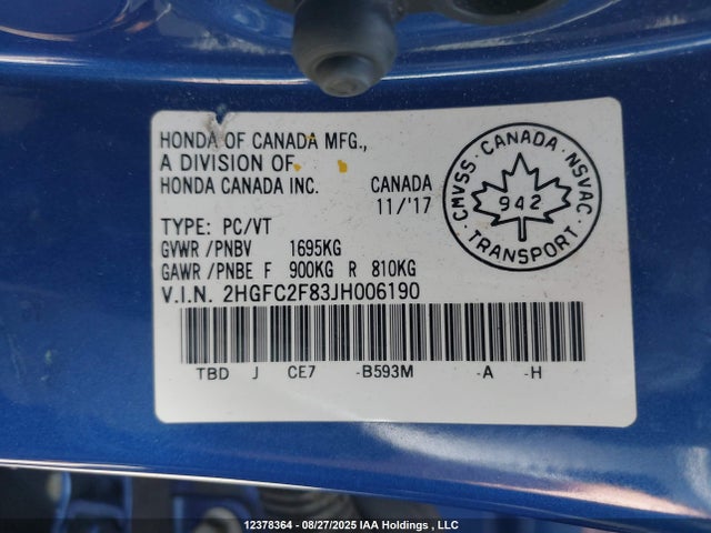 2HGFC2F83JH006190 Honda k20c2