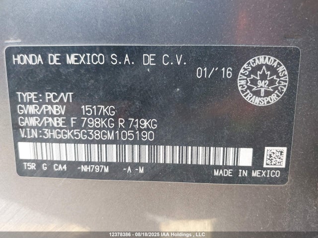 3HGGK5G38GM105190 Honda l15b1